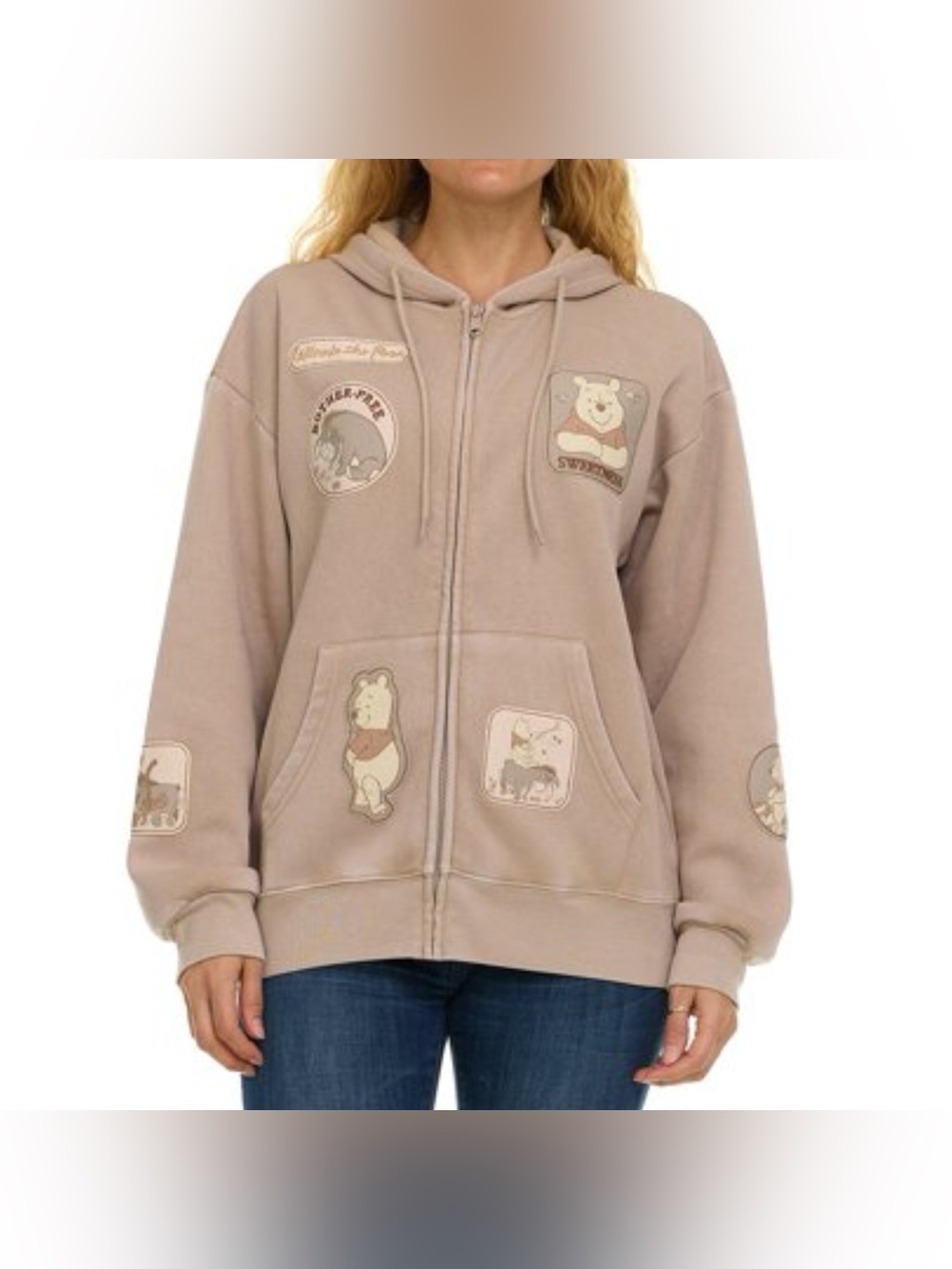 Winnie The Pooh Eeyore Beige Hoodie Sz XXL Multi-Patch Cozy Lounge Casual Book